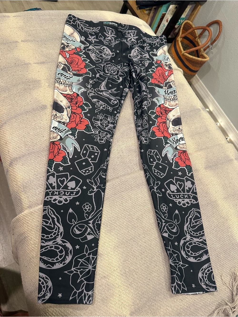 Skull & Rose Print Leggings - Black with Red Accents